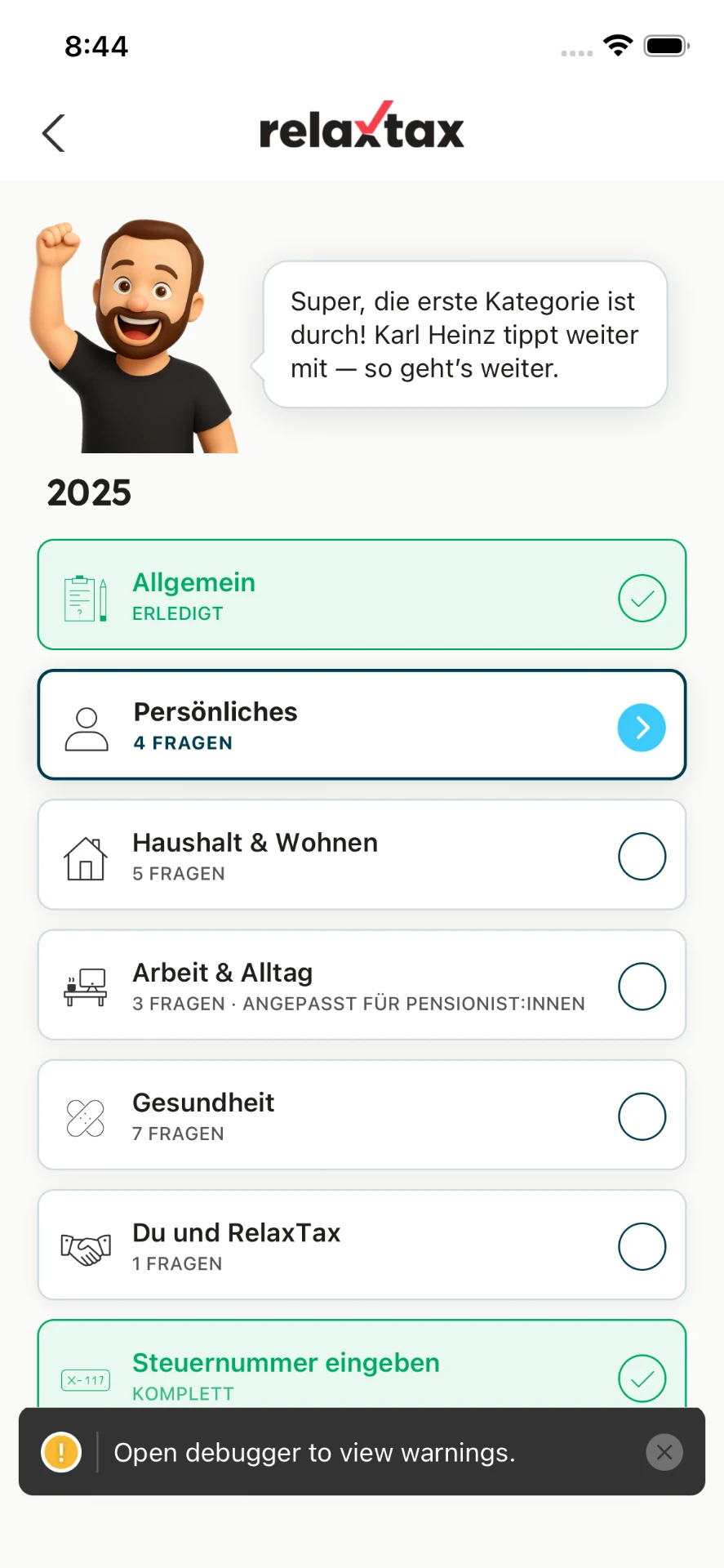 Tile: 3 Fragen · angepasst für Pensionist:innen