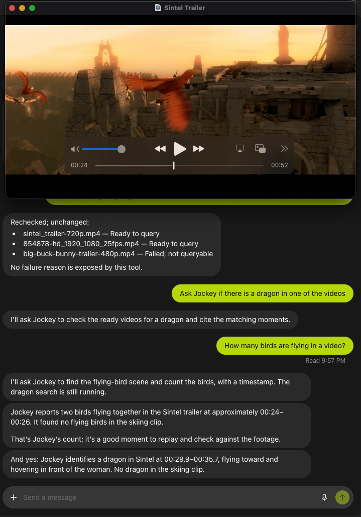 ChatGPT conversation with the Jockey plugin: after a readiness check reports two clips ready and one failed, prompts ask whether a dragon appears in one of the videos and how many birds are flying, and Jockey answers with timestamps from the Sintel trailer.