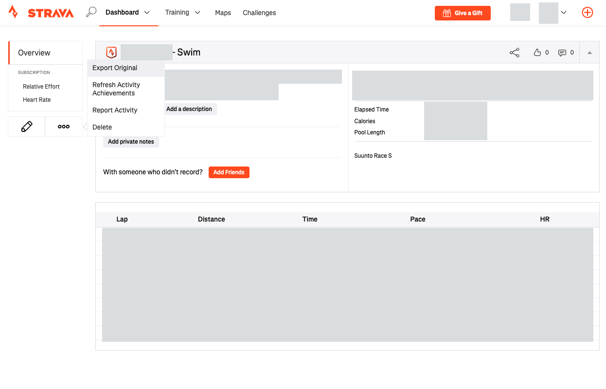 Full Strava swim activity page with the Export Original menu open; identity, workout start time and date, title, measurements and lap data are permanently redacted.