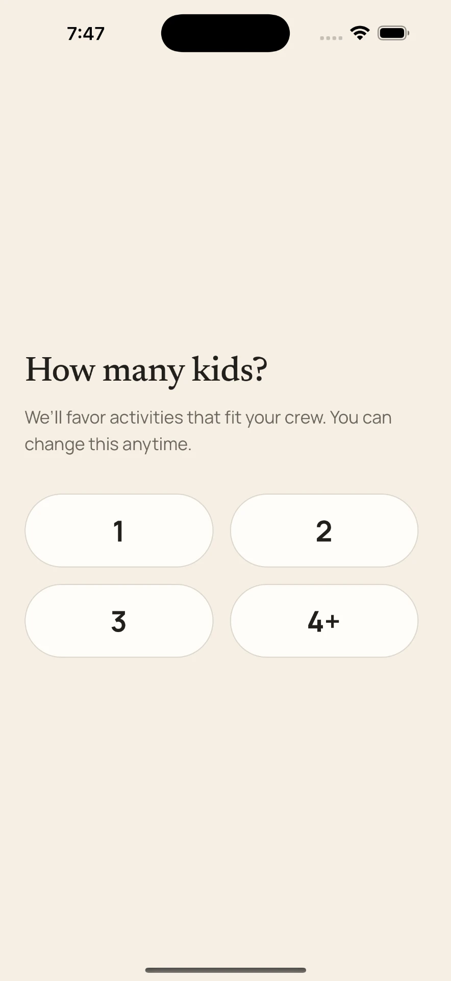 tinymissions onboarding asking how many kids