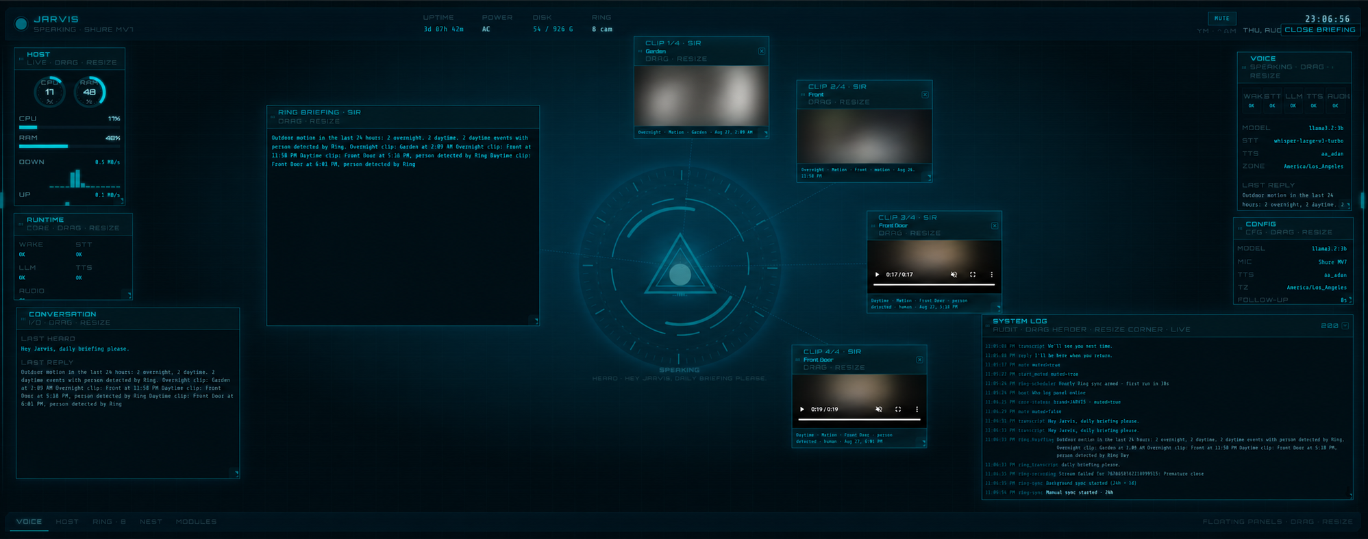 The full JARVIS heads-up display during a voice briefing, with host and voice telemetry panels, a spoken briefing transcript and four outdoor camera clip panels tethered to a central reactor visualization