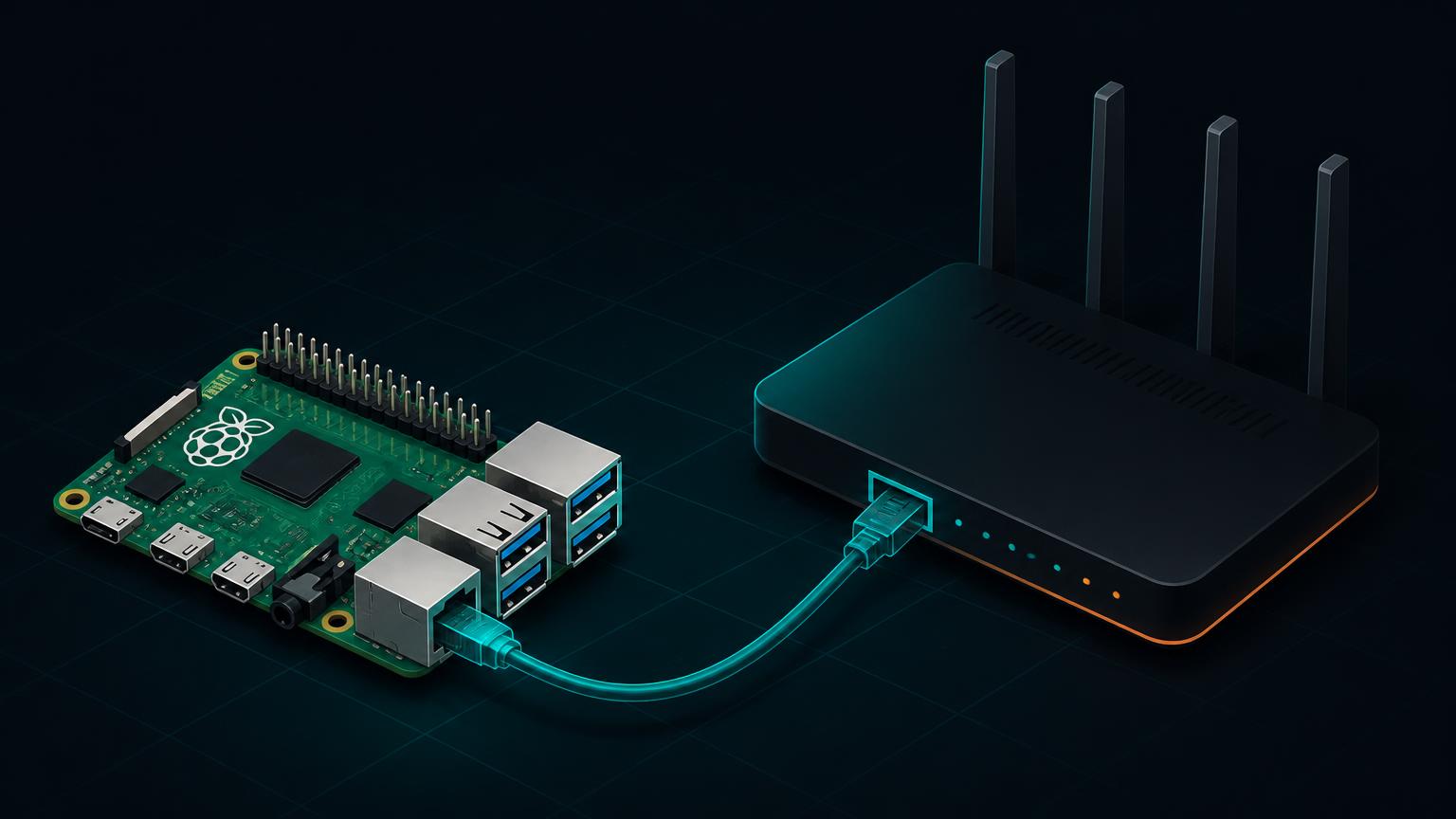 A Raspberry Pi connected by ethernet cable to a home router, illustrating a always-on Homebridge server