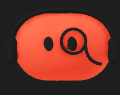Cropped coral-orange rounded Dot avatar with black headphones, small dark oval eyes and a looping dark facial accent.