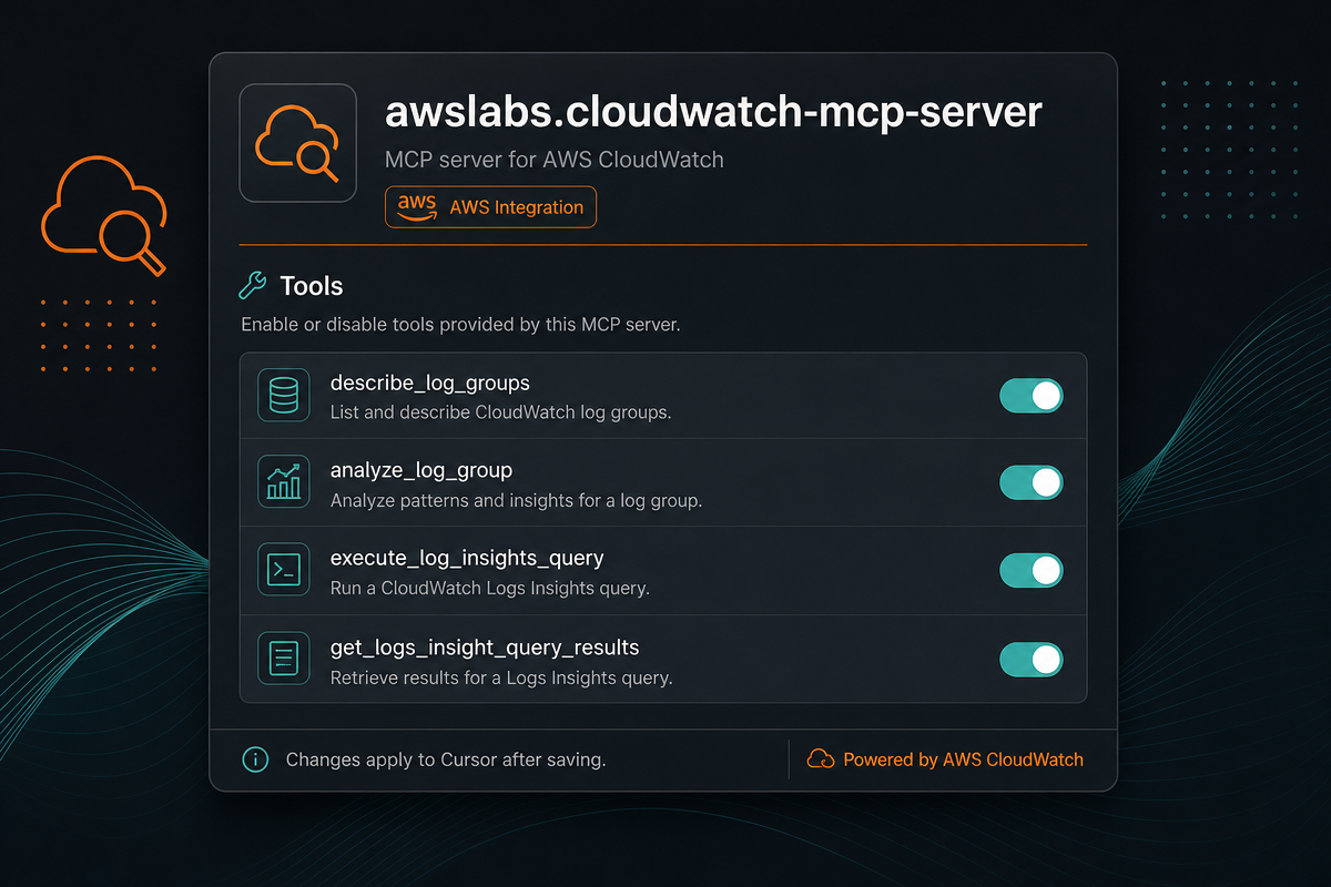 Cursor MCP settings panel showing the AWS CloudWatch tools that are exposed to the model