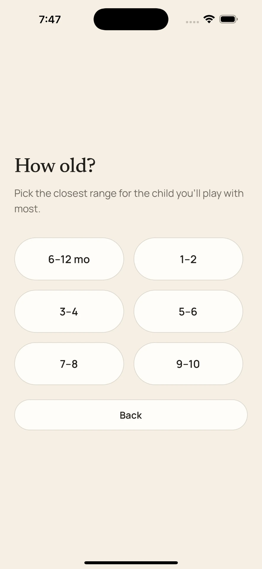 tinymissions onboarding asking the age range