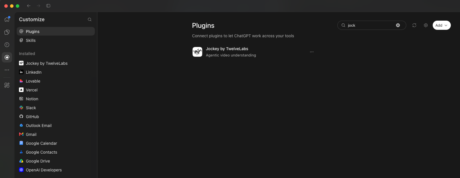 ChatGPT's Plugins settings page on a dark theme, with “jock” typed into the search box and the result “Jockey by TwelveLabs — Agentic video understanding” listed as installed.