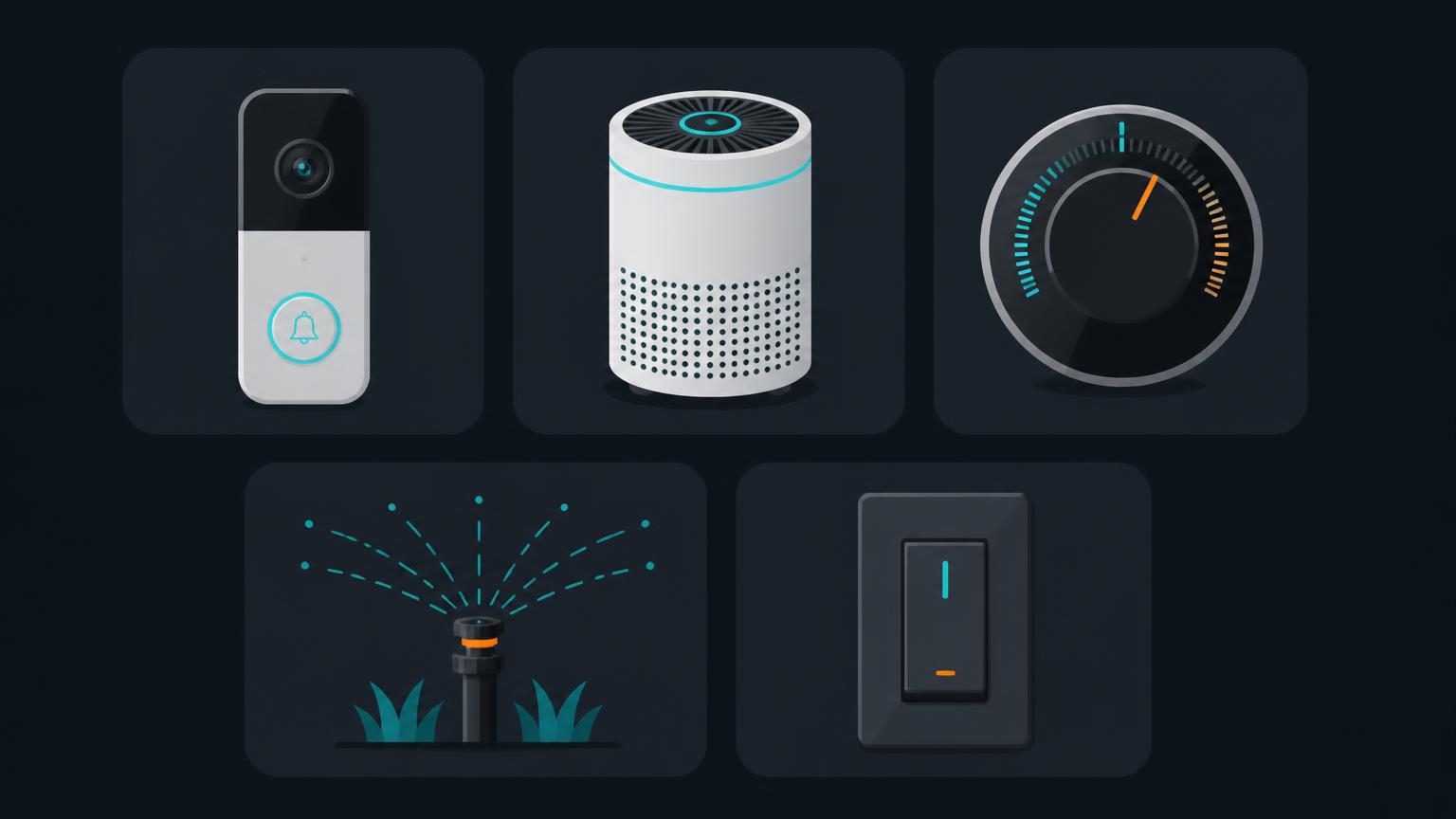 Illustration of accumulated smart home devices: a video doorbell, air purifier, thermostat, sprinkler head and smart light switch