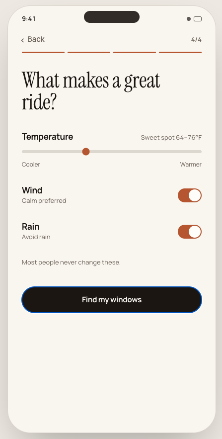 Gwhen onboarding asking what makes a great ride with temperature, wind and rain preferences