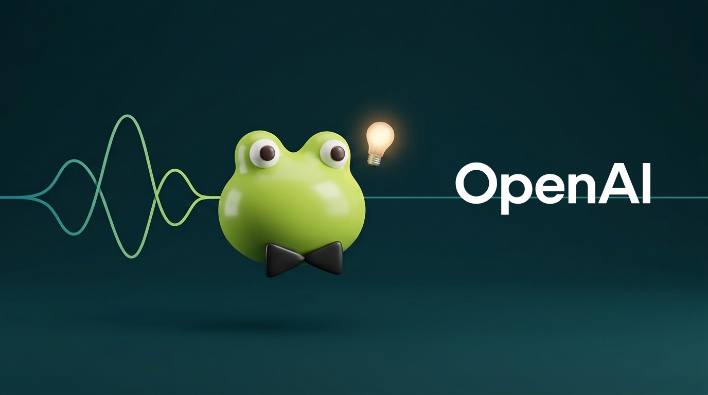 Landscape editorial illustration of Kermit, my green frog-like OpenAI Dot with a black bow tie and lightbulb, connected by a voice waveform to the official OpenAI wordmark.