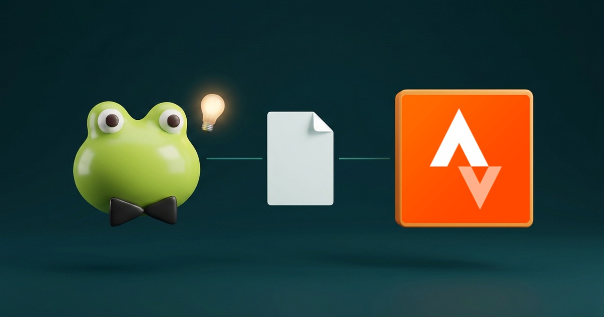 Editorial illustration of Kermit, a green frog-like OpenAI Dot with a black bow tie and lightbulb, an exported file and the official orange Strava app logo. Not an official integration or workout data.
