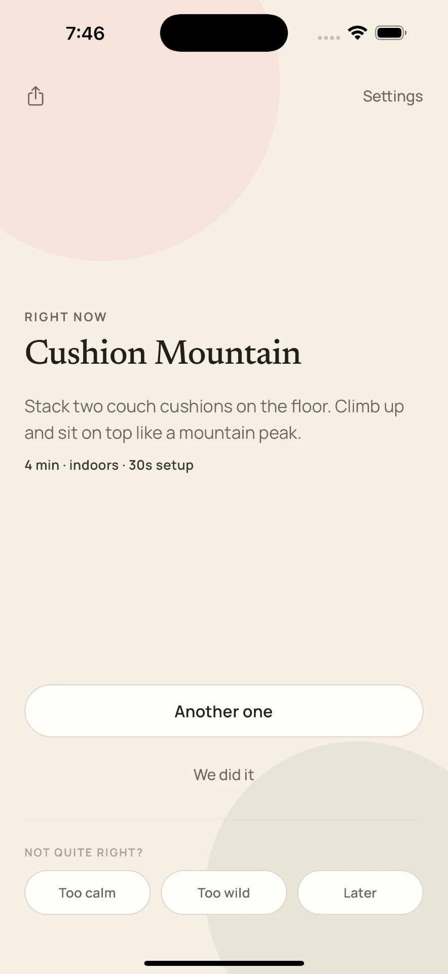 tinymissions activity screen showing Cushion Mountain