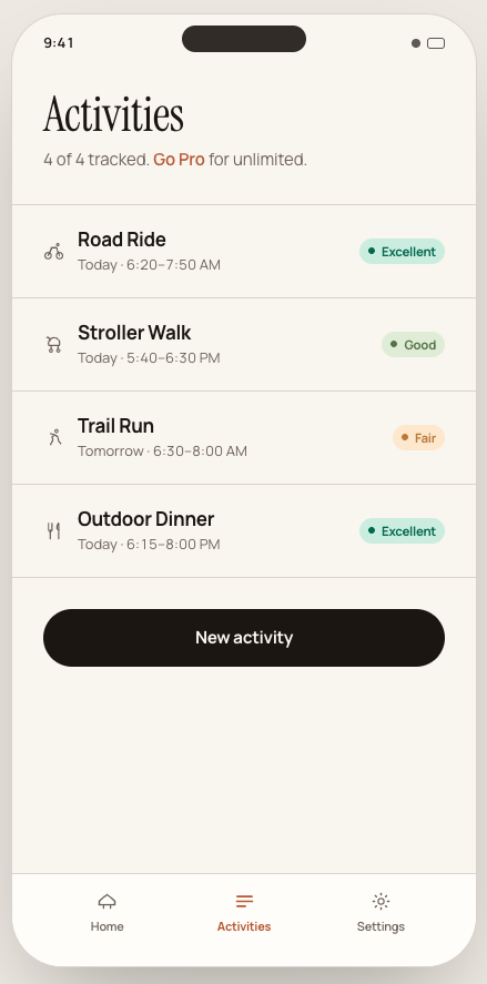 Gwhen Activities screen listing tracked activities with quality ratings