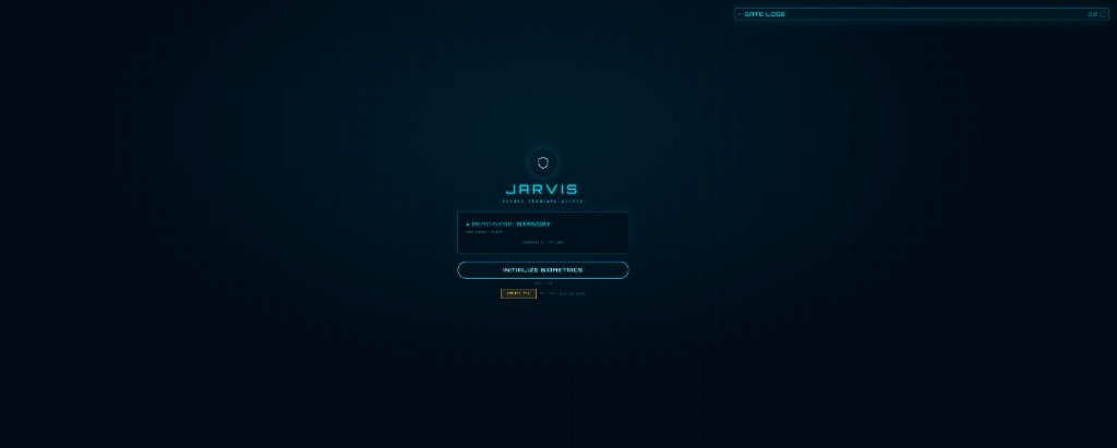 The JARVIS secure terminal gate screen showing subsystem readiness and an initialize biometrics prompt on a dark cyan interface