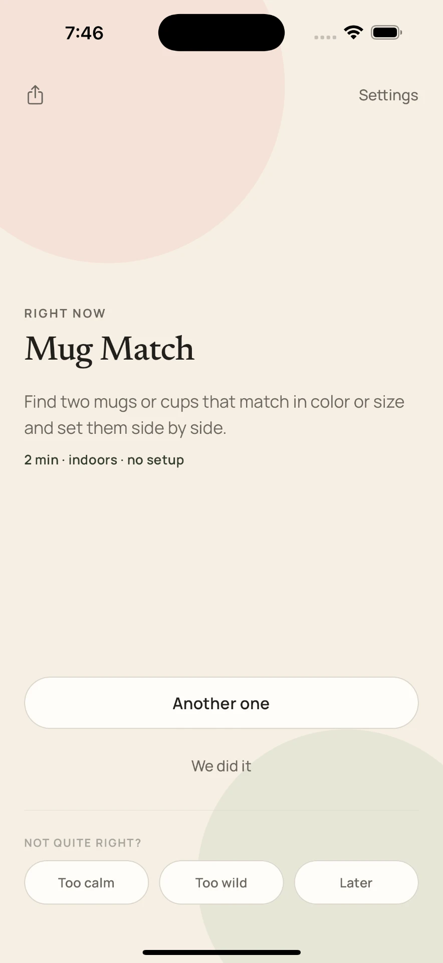 tinymissions activity screen showing Mug Match