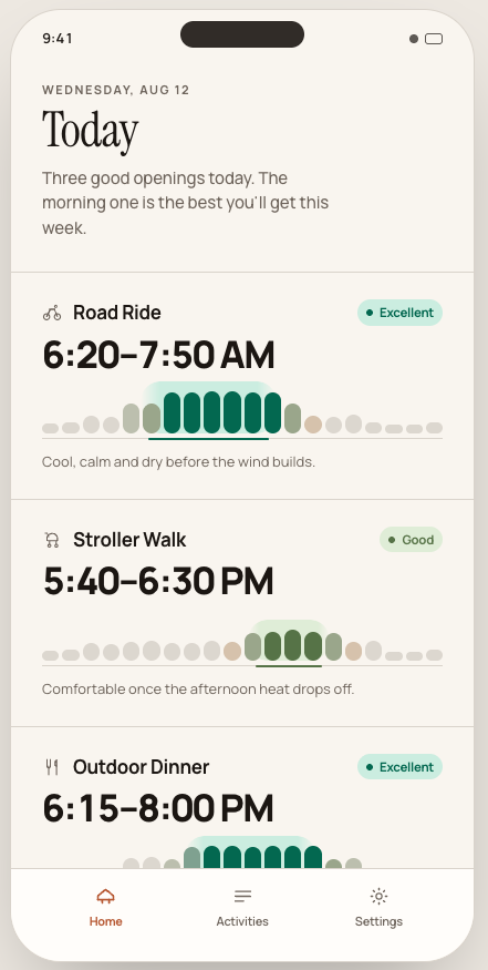 Gwhen Today screen listing a road ride, stroller walk and outdoor dinner with their best windows