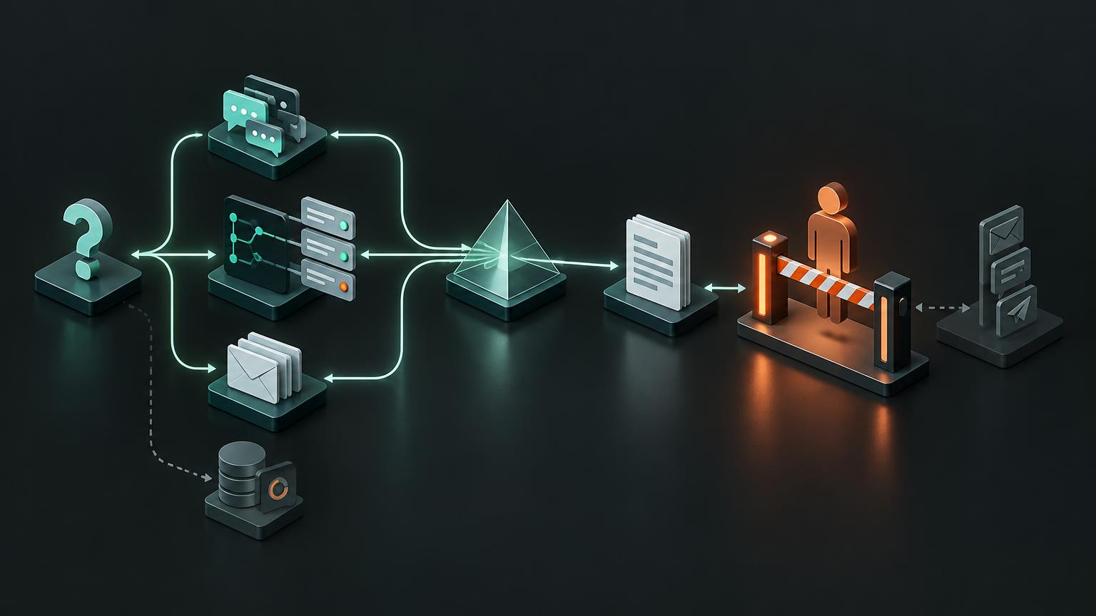 Human-in-the-loop operations architecture with conversation, source code, email, and optional customer status evidence converging into a draft that stops at a human approval gate