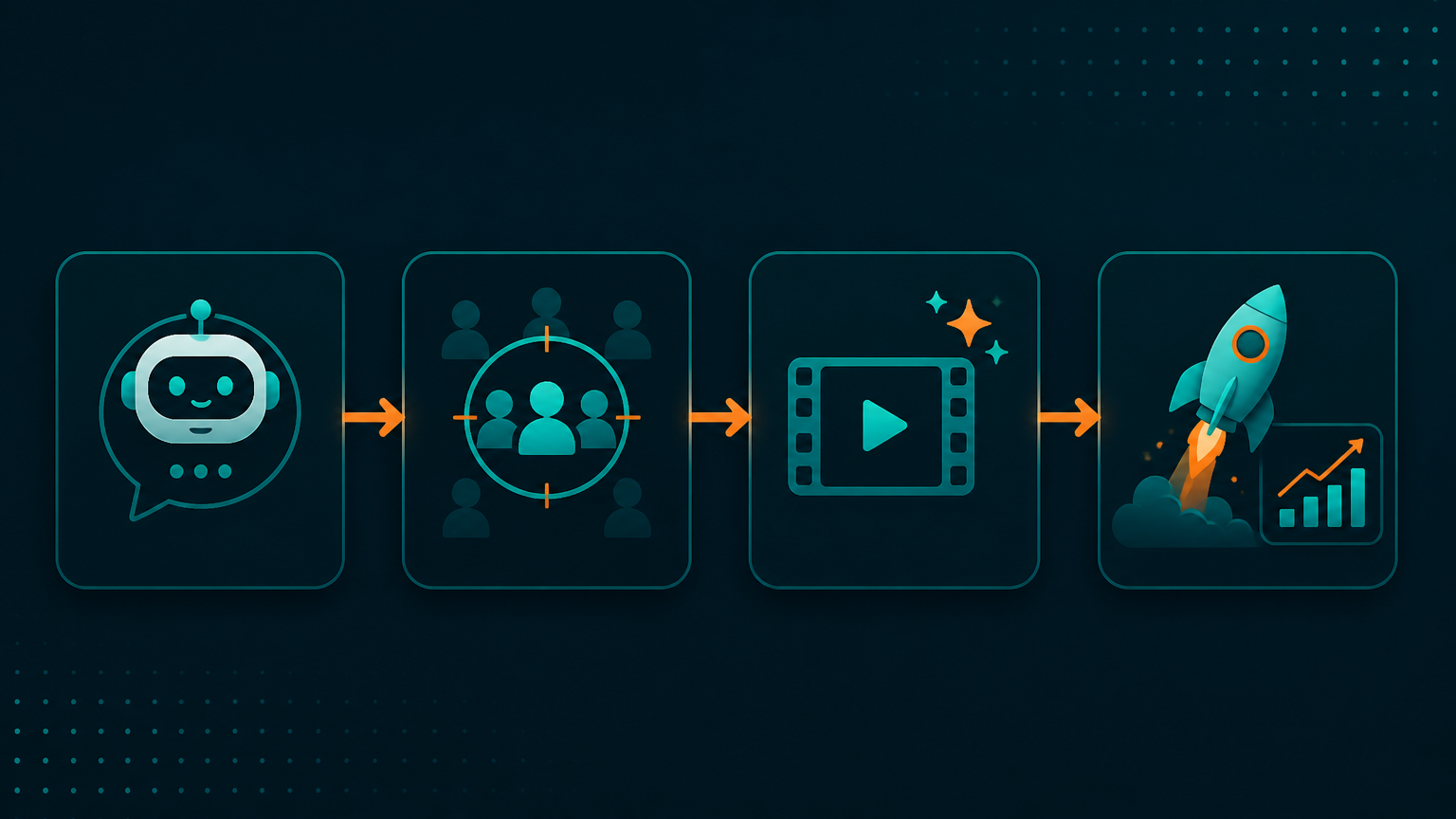 Diagram showing the flow from an AI assistant to audience selection, to AI video creative generation, to campaign launch and performance reporting