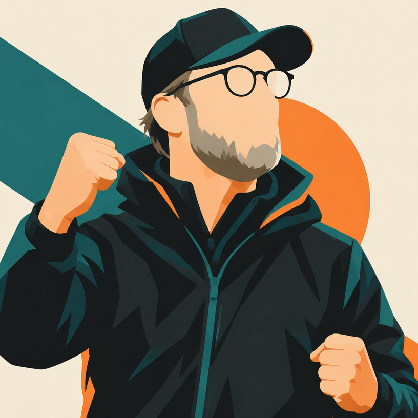 Stylized illustration of a passionate football manager in a cap and glasses celebrating