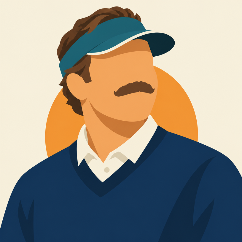 Stylized illustration of a cheerful football coach in a visor and navy sweater
